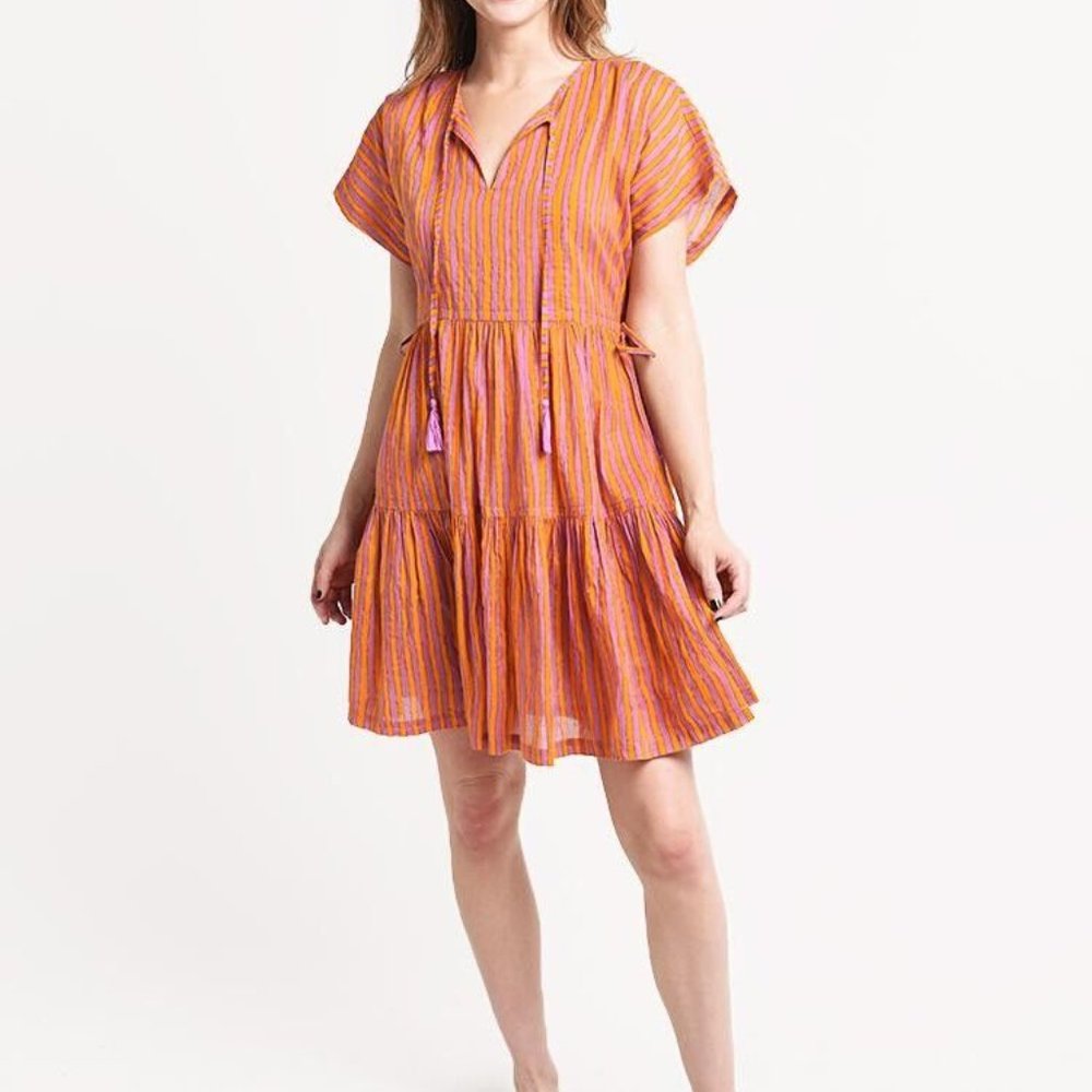 Oliphant Dress Size S Orange Lilac Side Tie Tassel Short Playful Resort Cotton